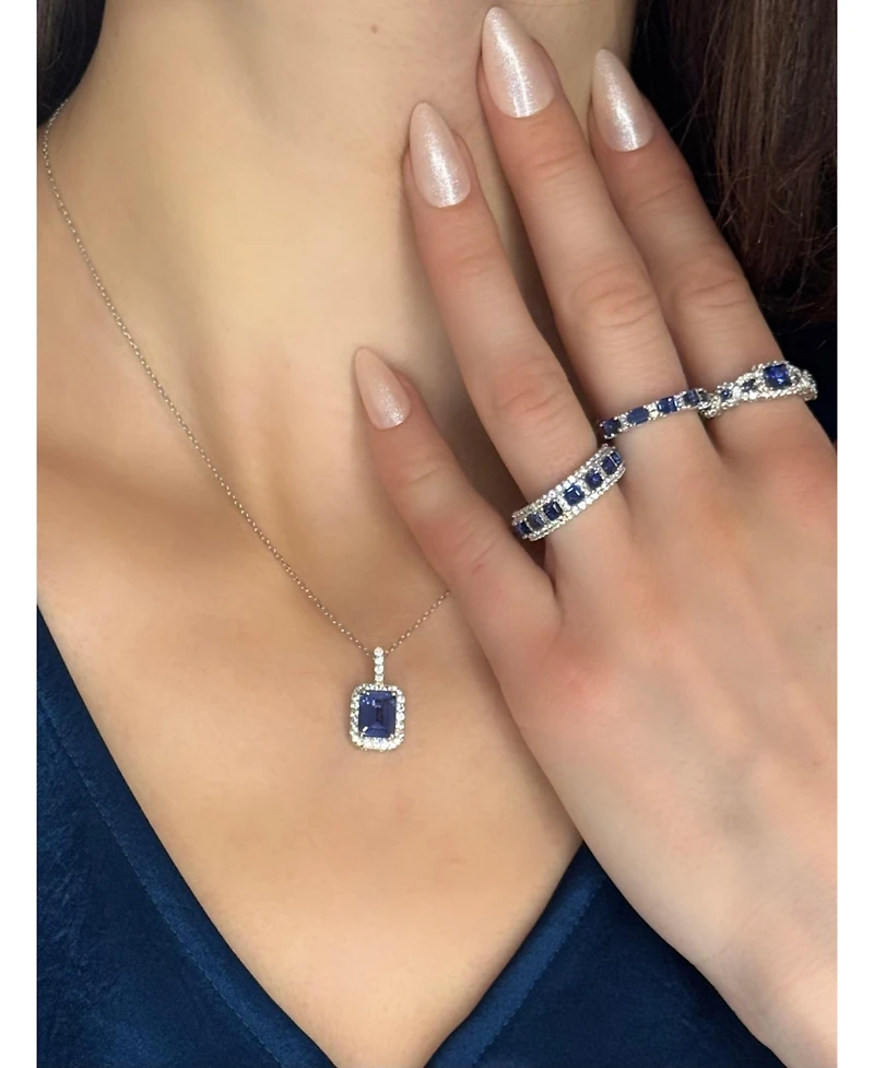 Suzy Levian Sterling Silver Emerald Cut Sapphire Halo Pendant