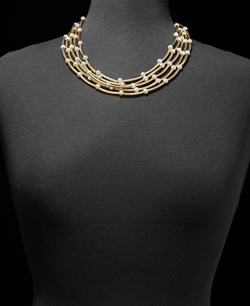 Anne Klein Gold-Tone Curbed Tube Faux Imitation Pearl Stationed Multi-Row Necklace