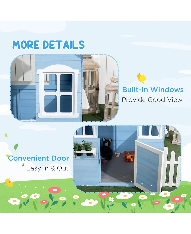 Outsunny Wooden Playhouse for Kids Outdoor with Flower Pot Holders, Blue