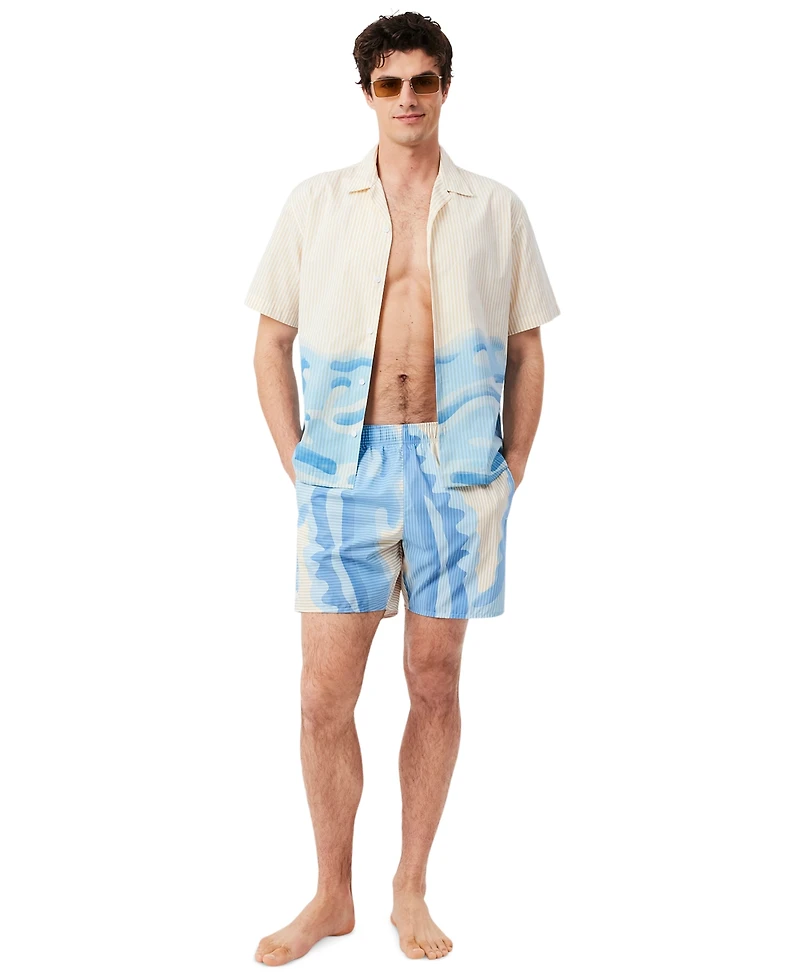 Lacoste Men's Polyester Mid-Length Striped Swim Trunks