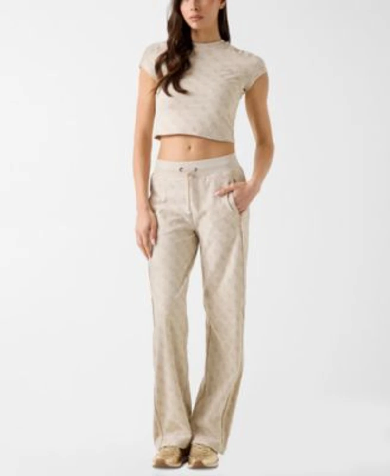 Guess Womens 4g All Over Jacquard High Neck Full Zip Jacket All Over Pattern Short Sleeve T Shirt Wide Leg Pants