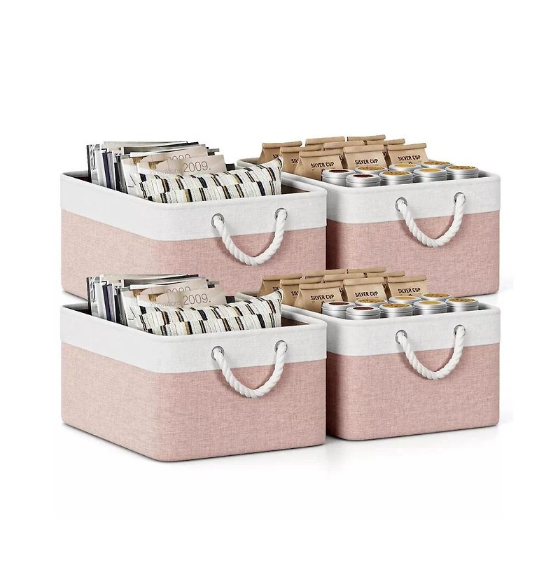 Gouun 4 Pack Collapsible Fabric Storage Bins with Rope Handles, Cotton Linen Storage Baskets for Closet Shelves