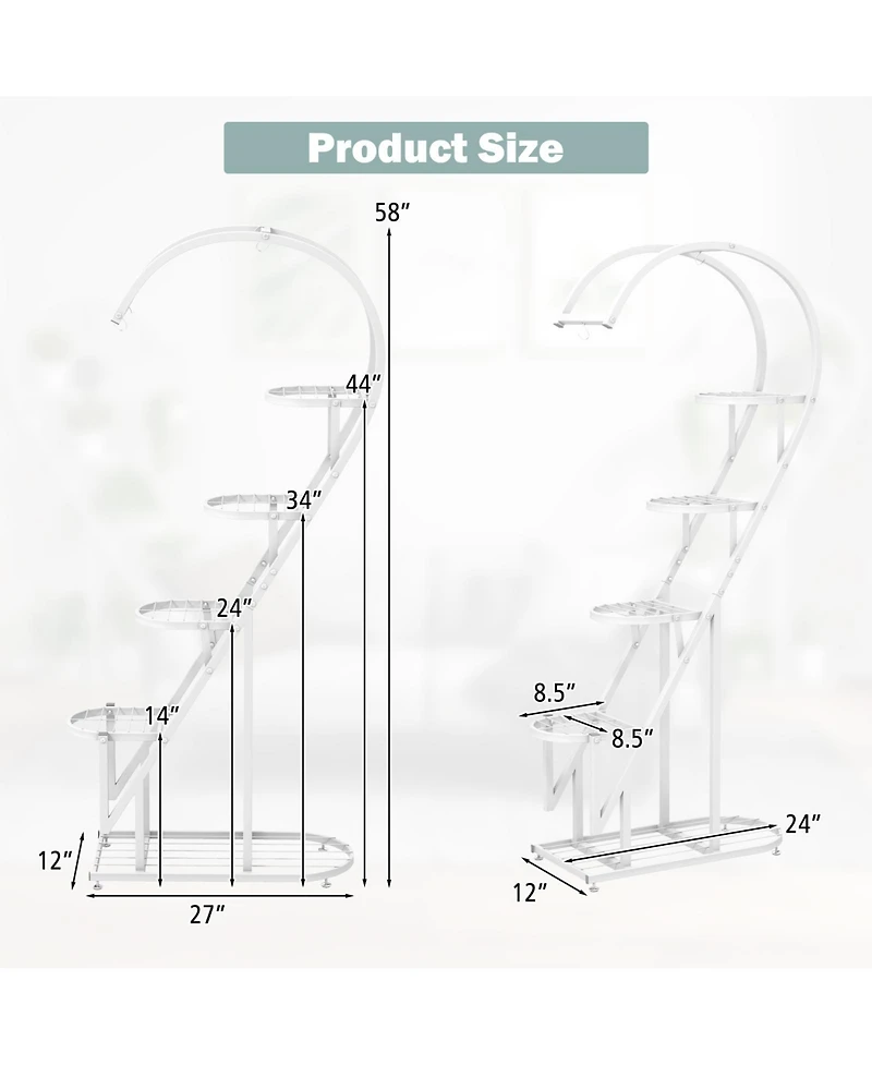 Gouun 58 inch 5-Tier Metal Plant Stand with Four Hanging Hooks