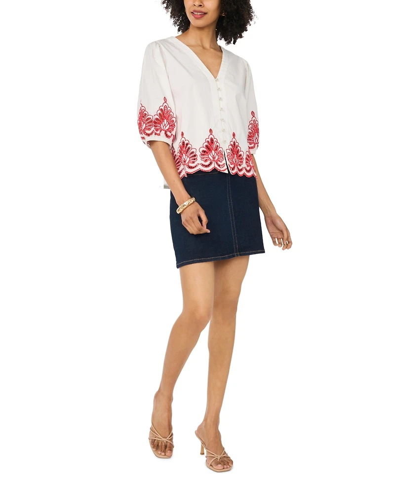Vince Camuto Women's Cotton Embroidery Hem V-Neck Top
