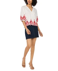 Vince Camuto Women's Cotton Embroidery Hem V-Neck Top