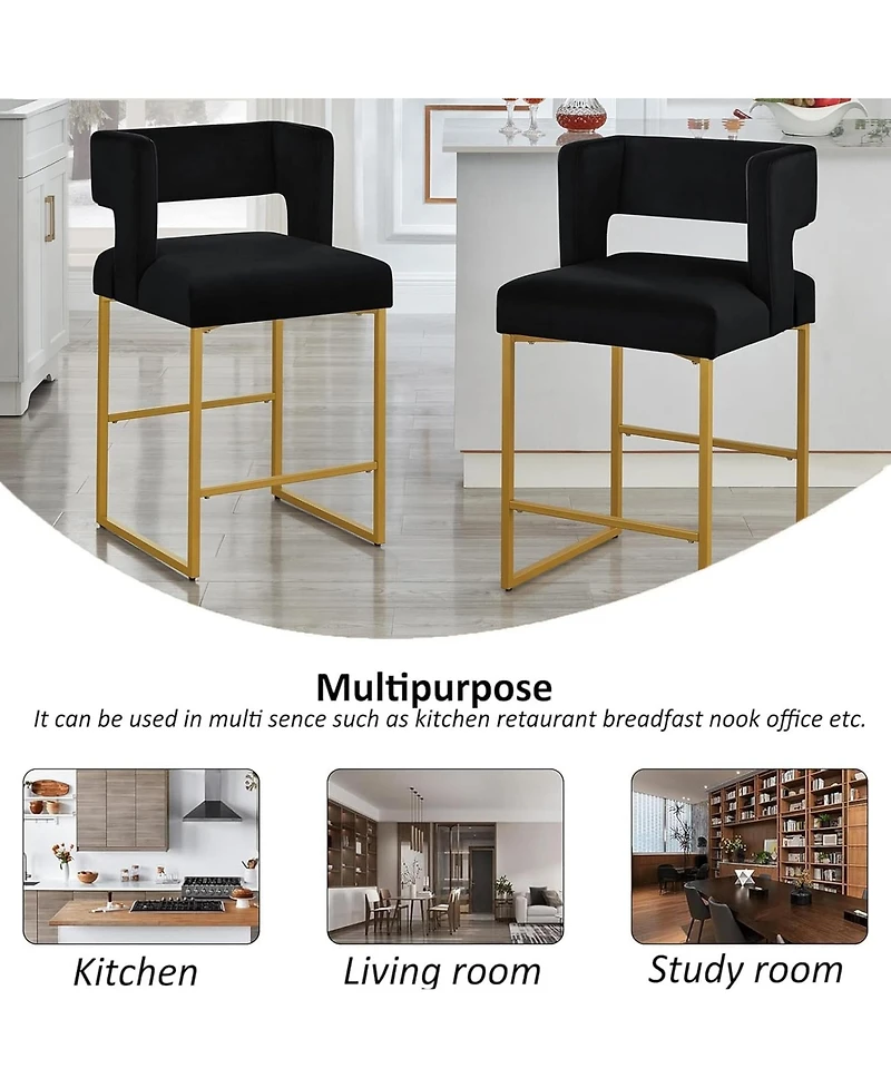 Rainsken 26" H Bar Stools Set of 2, Modern Fashion Counter Height Chairs with Square Open Backrest and Sturdy Iron Legs for Kitchen Island