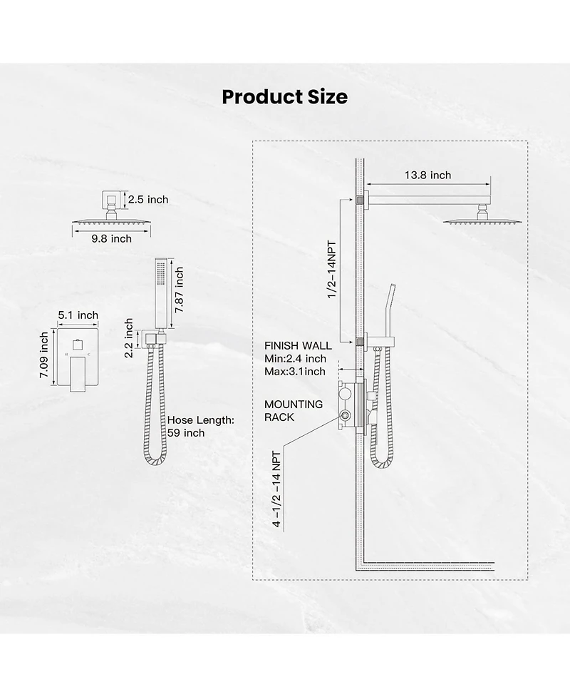 Midola 10 Inch Rainfall Shower System Wall Mounted Rain Shower Head Handle Set Pressure Balancing Valve Solid Brass Complete Combo
