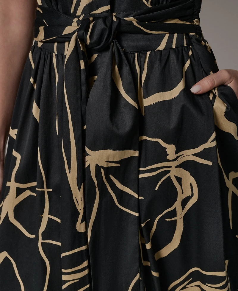 Donna Karan New York Women's Printed Tie Belt V-Neck Midi Dress