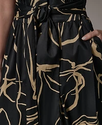 Donna Karan New York Women's Printed Tie Belt V-Neck Midi Dress