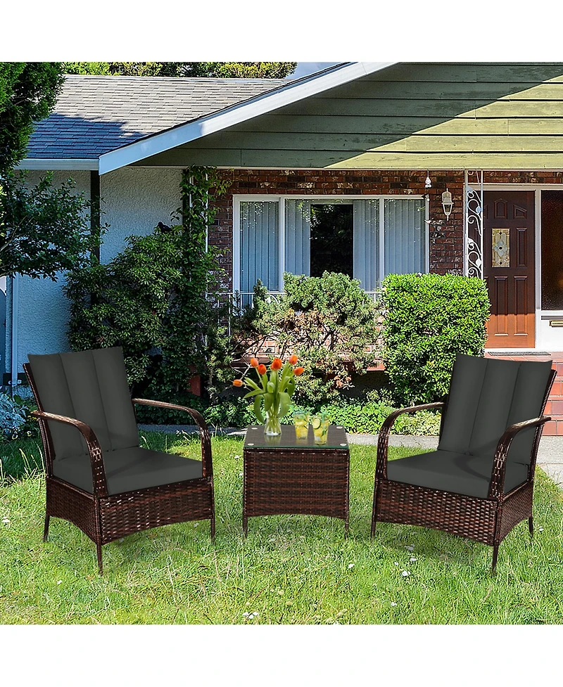 Gymax 3PCS Outdoor Patio Rattan Conversation Set Furniture Set w/ Table Cushions