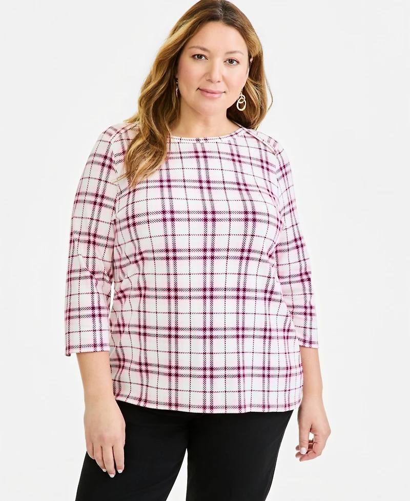 Style & Co Plus Printed 3/4 Sleeve Boat-Neck Top, Macy's Exclusive