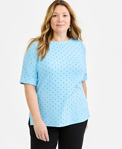 Style & Co Plus Printed Boat-Neck Elbow-Sleeve Top, Macy's Exclusive
