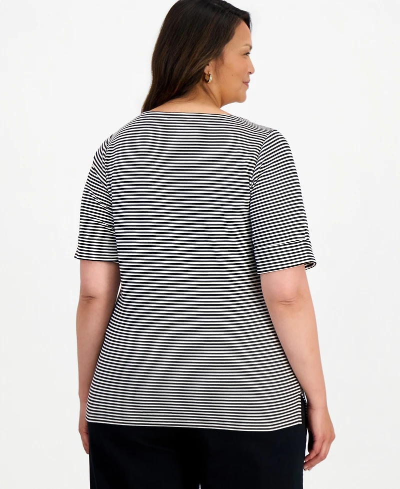 Style & Co Plus Printed Boat-Neck Elbow-Sleeve Top, Macy's Exclusive