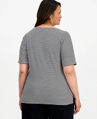 Style & Co Plus Printed Boat-Neck Elbow-Sleeve Top, Macy's Exclusive