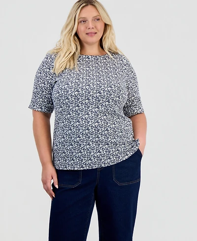 Style & Co Plus Printed Boat-Neck Elbow-Sleeve Top, Macy's Exclusive