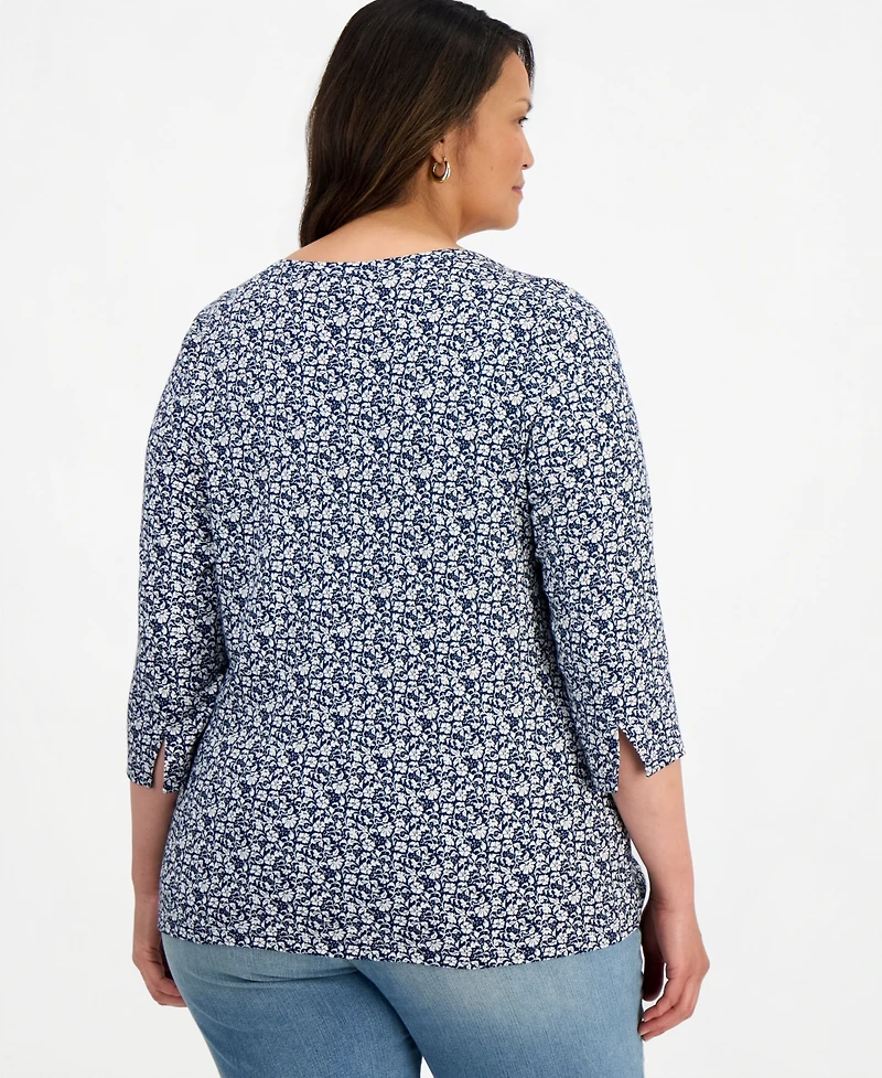 Style & Co Plus Pima Knit Nala Garden Floral 3/4-Sleeve Boatneck T-Shirt, Macy's Exclusive