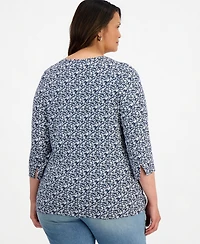 Style & Co Plus Pima Knit Nala Garden Floral 3/4-Sleeve Boatneck T-Shirt, Macy's Exclusive