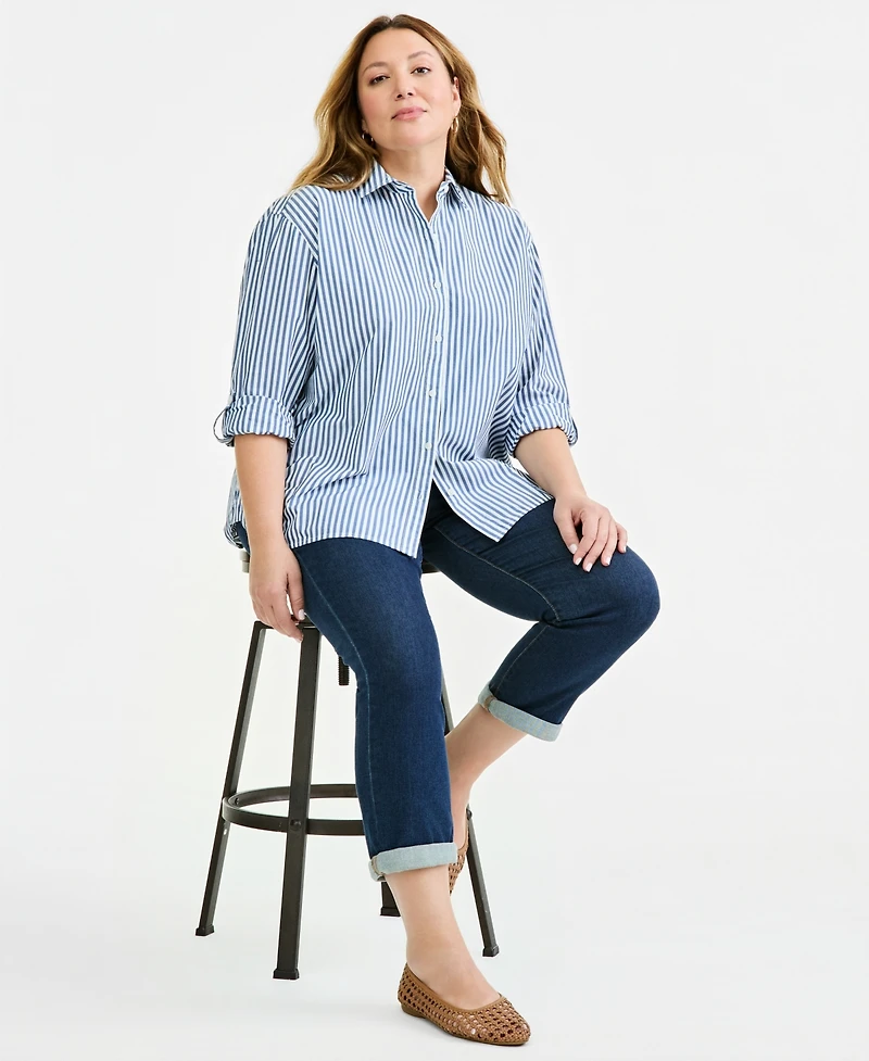 Style & Co Plus Cotton Striped Button-Front Long-Sleeve Shirt, Macy's Exclusive