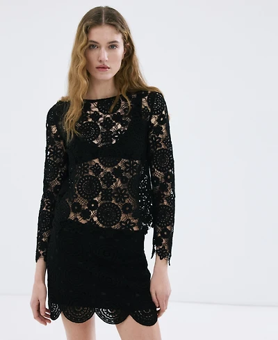 Mango Women's Openwork Knitted Floral Sweater