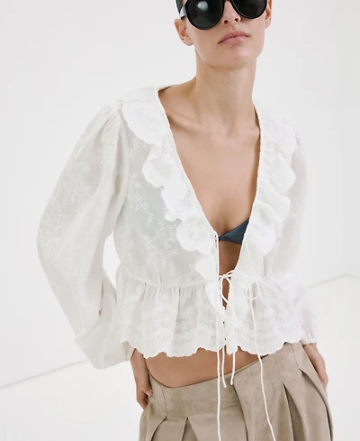 Mango Women's Ruffled Embroidered Blouse