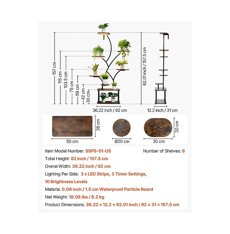 Sugift 8 Tier Lighted Plant Stand Indoor Metal Shelf with Grow Lights