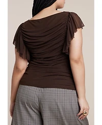 Eloquii Women's Plus Shirred Mesh Top With Shoulder Flounces