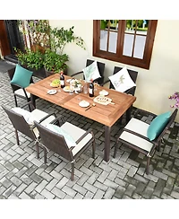 Gymax 7PCS Patio Rattan Dining Set Wooden Table Top Cushioned Chair Garden