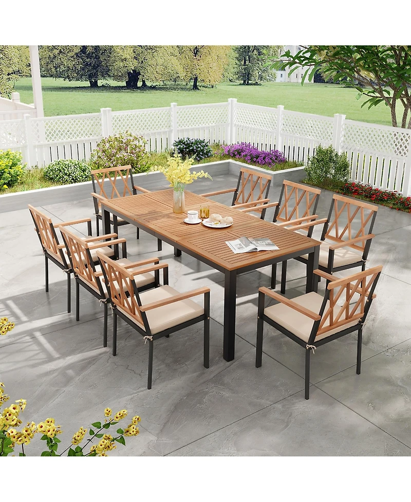 Gymax 9 Pcs Outdoor Dining Table and Chairs Set Table w/ Acacia Wood Top Umbrella Hole