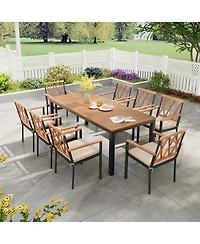 Gymax 9 Pcs Outdoor Dining Table and Chairs Set Table w/ Acacia Wood Top Umbrella Hole