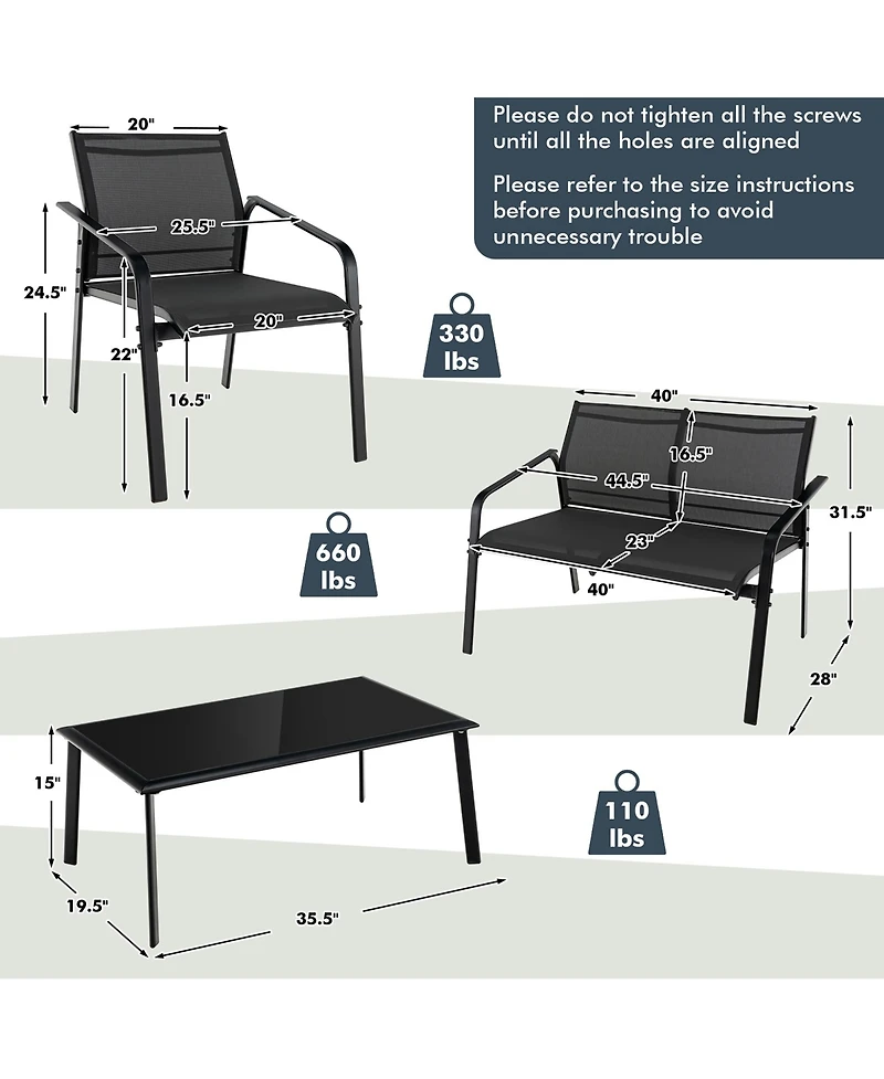 Costway 4 Pcs Patio Furniture Set Loveseat Sofas Armrest Glass Table Deck