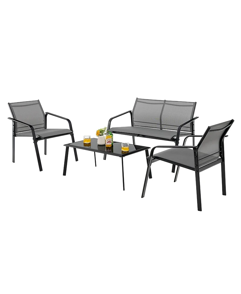 Costway 4 Pcs Patio Furniture Set Loveseat Sofas Armrest Glass Table Deck