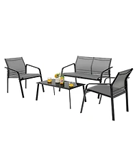 Costway 4 Pcs Patio Furniture Set Loveseat Sofas Armrest Glass Table Deck