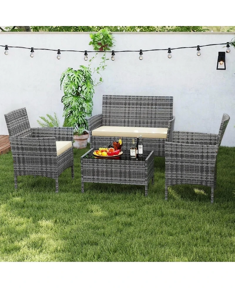 Sugift 4-Piece Outdoor Wicker Conversation Set with Tempered Glass Table