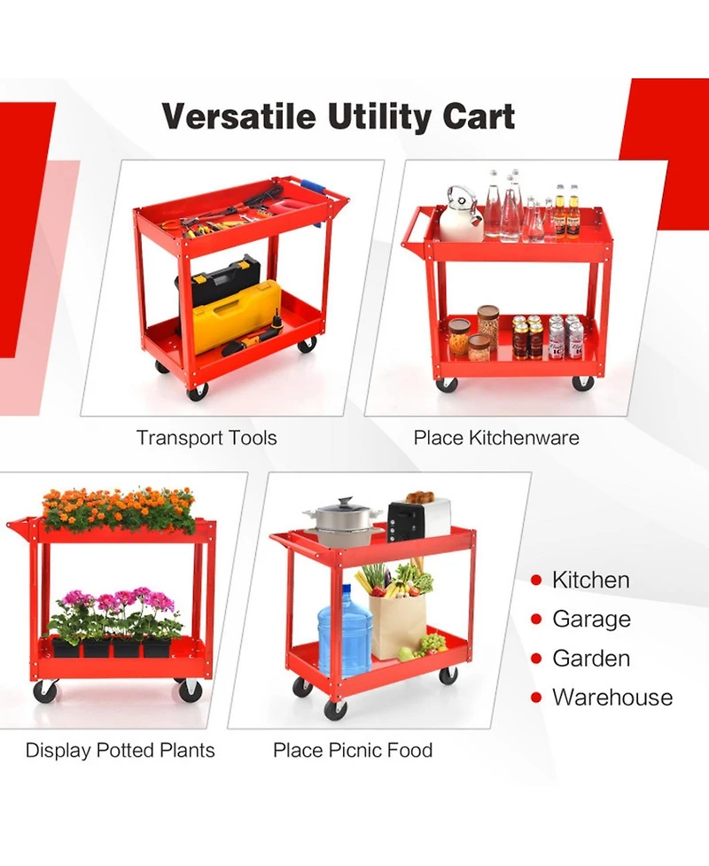 Gouun Heavy-Duty 2-Tier Rolling Metal Utility Cart with 220-lb Capacity