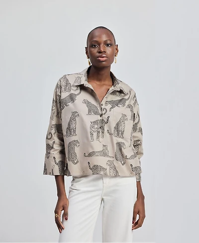 Reistor Women's Oversized Cropped Button-down Shirt Animal Print