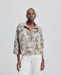 Reistor Women's Oversized Cropped Button-down Shirt Animal Print