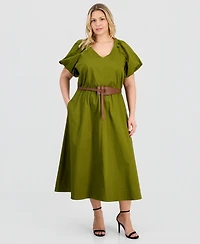 Anne Klein Plus-Size Sateen V-Neck Midi Dress