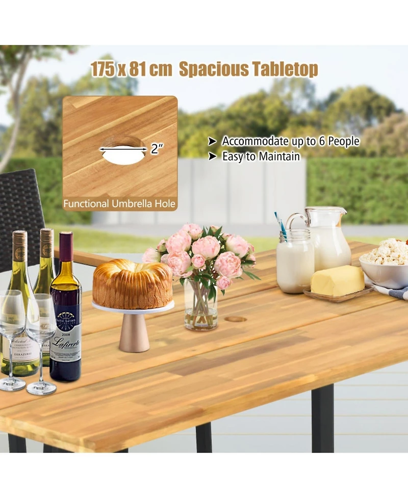 Sugift 5-Piece Patio Rattan Dining Set with Acacia Wood Tabletop and Armrests