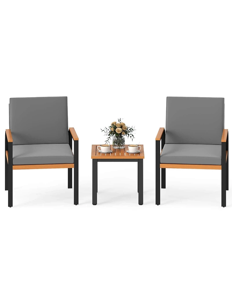 Costway 3 Pcs Patio Furniture Set with Coffee Table Removable Cushions Acacia Wood Armrests