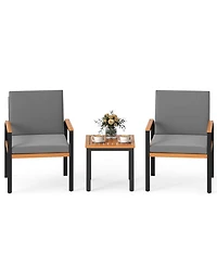 Costway 3 Pcs Patio Furniture Set with Coffee Table Removable Cushions Acacia Wood Armrests