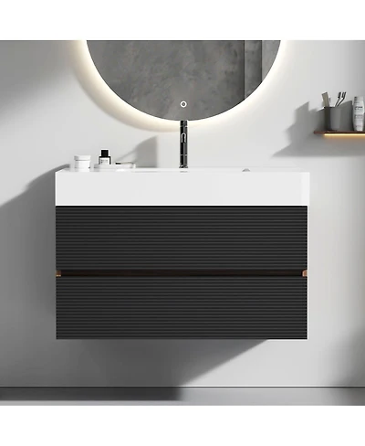 Sillysis Wall Mounted Bathroom Vanity with Glossy Sink, Double Soft Close Drawers, Floating Mid Century Modern Storage