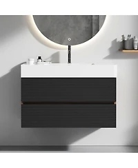 Sillysis Wall Mounted Bathroom Vanity with Glossy Sink, Double Soft Close Drawers, Floating Mid Century Modern Storage