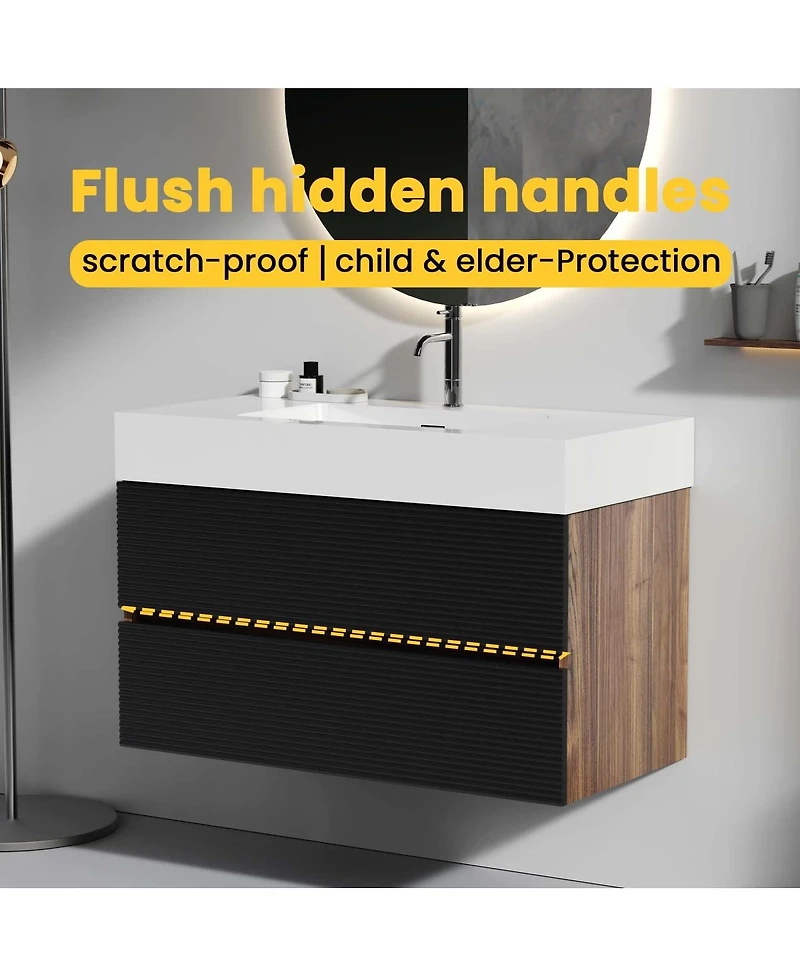 Sillysis Wall Mounted Bathroom Vanity with Glossy Sink, Double Soft Close Drawers, Floating Mid Century Modern Storage