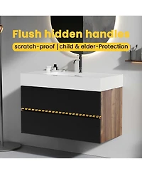 Sillysis Wall Mounted Bathroom Vanity with Glossy Sink, Double Soft Close Drawers, Floating Mid Century Modern Storage