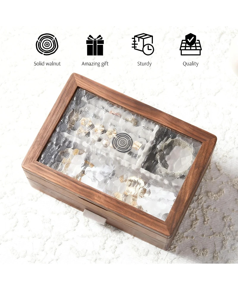 Yigii Solid Cherry Wood 2-Layer Jewelry Organizer with Glass Lid