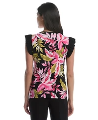 Rafaella Petite Tropical Print Ruffle Cap-Sleeve Top