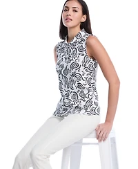 Rafaella Petite Paisley Print Ruffle Trim Sleeveless Polo Shirt