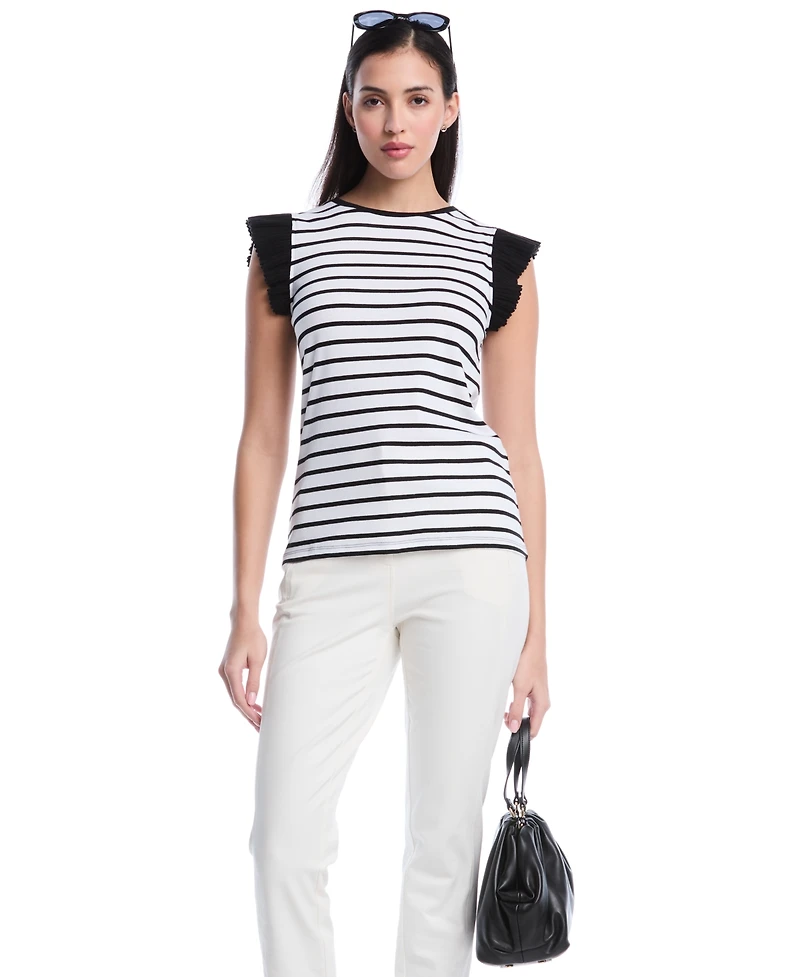 Rafaella Petite Striped Ruffle Cap-Sleeve Top