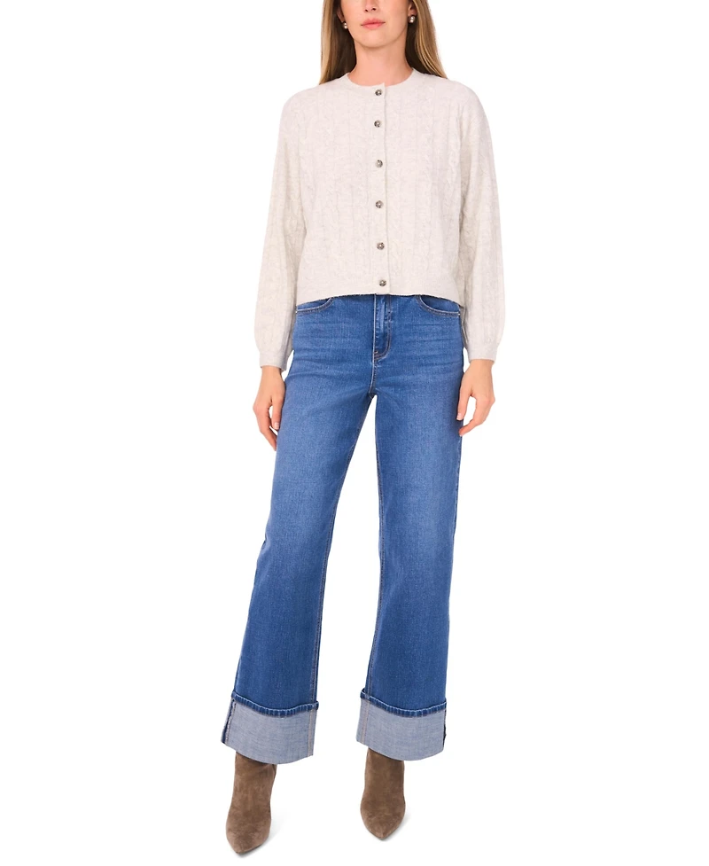 1.state Women's Long Sleeve Crewneck Cardigan Sweater