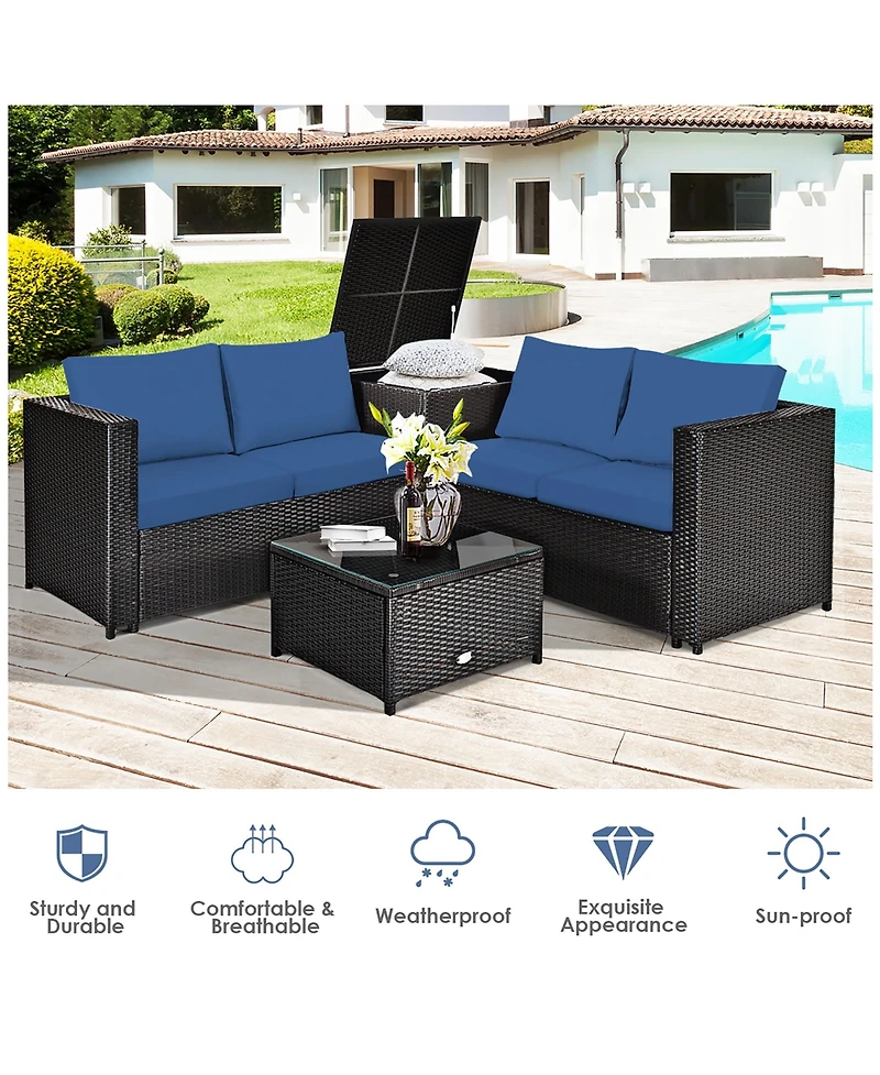 Costway 4PCS Patio Rattan Furniture Set Cushioned Loveseat Storage Table